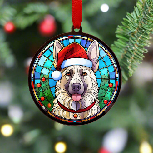 German Shepherd White in Santa Hat Suncatcher Decoration
